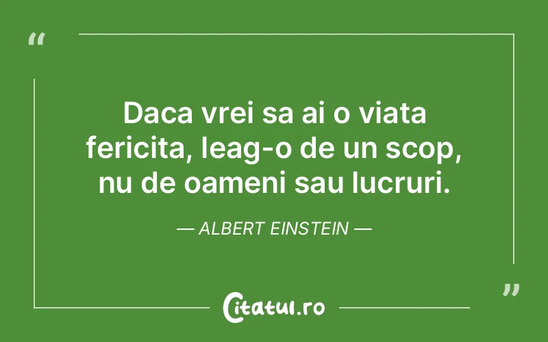 Daca vrei sa ai o viata fericita, leag-o de un scop, nu de oameni sau lucruri. Albert Einstein
