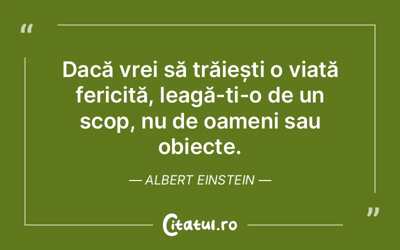 Dacă vrei să trăiești o viață fericită, leagă-ți-o de un scop, nu de oameni sau obiecte. Albert Einstein