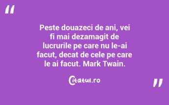 Peste douazeci de ani, vei fi mai dezamagit de lucrurile pe care nu le-ai facut, decat de cele pe care le ai facut. Mark Twain....