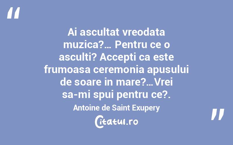 Ai ascultat vreodata muzica?… Pentru ce o asculti? Accepti ca este frumoasa ceremonia apusului de soare in mare?…Vrei sa-mi spui pentru ce?. Antoine de Saint Exupery