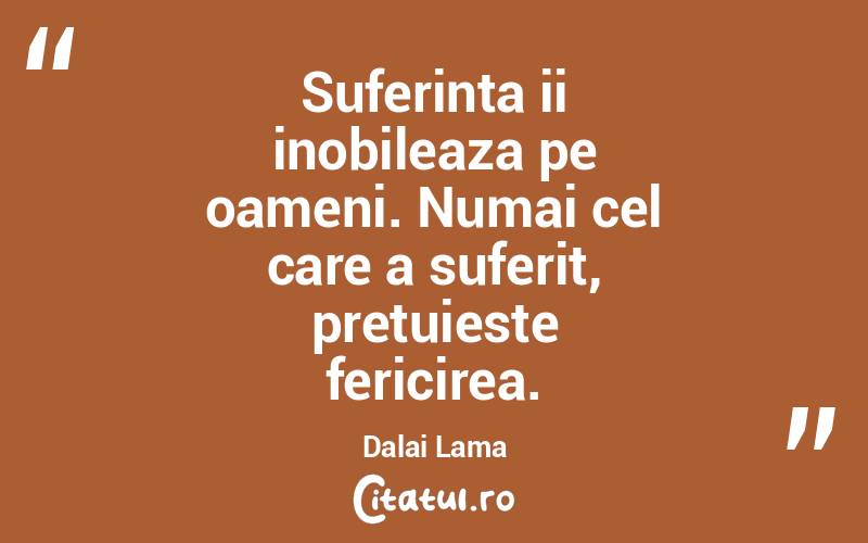 Suferinta ii inobileaza pe oameni. Numai cel care a suferit, pretuieste fericirea. Dalai Lama