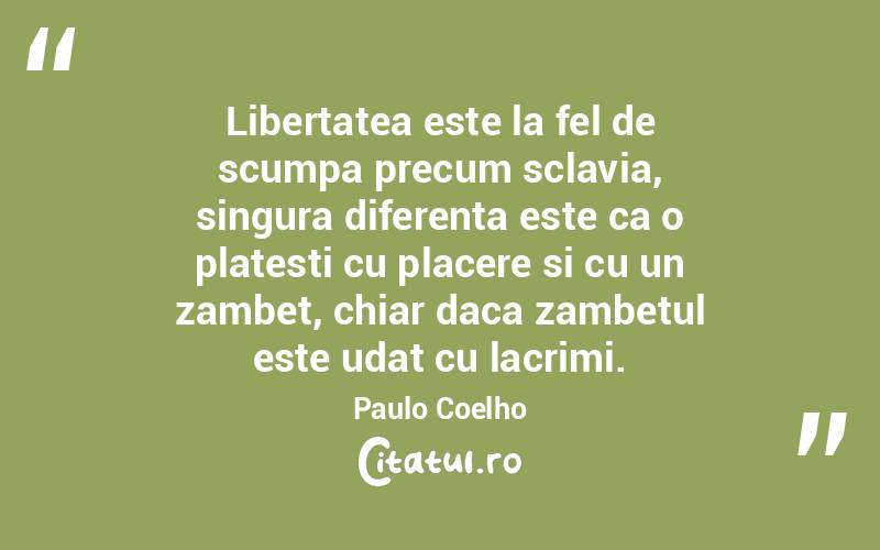 Libertatea este la fel de scumpa precum sclavia, singura diferenta este ca o platesti cu placere si cu un zambet, chiar daca zambetul este udat cu lacrimi. Paulo Coelho