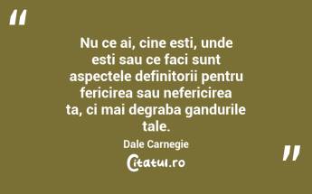 Nu ce ai, cine esti, unde esti sau ce faci sunt aspectele definitorii pentru fericirea sau nefericirea ta, ci mai degraba gandurile tale. Dale Carnegie...