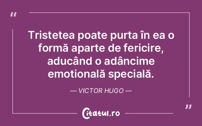 Tristețea poate purta în ea o formă aparte de fericire, aducând o adâncime emoțională specială. Victor Hugo