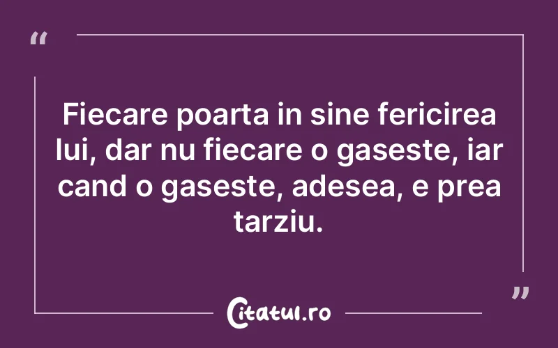 Fiecare poarta in sine fericirea lui, dar nu fiecare o gaseste, iar cand o gaseste, adesea, e prea tarziu.