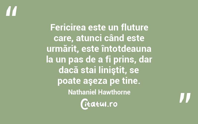 Fericirea este un fluture care, atunci când este urmărit, este întotdeauna la un pas de a fi prins, dar dacă stai liniştit, se poate aşeza pe tine. Nathaniel Hawthorne