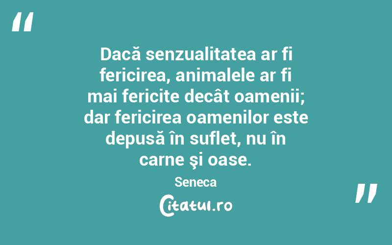 Dacă senzualitatea ar fi fericirea, animalele ar fi mai fericite decât oamenii; dar fericirea oamenilor este depusă în suflet, nu în carne şi oase. Seneca
