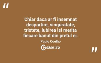 Chiar daca ar fi insemnat despartire, singuratate, tristete, iubirea isi merita fiecare banut din pretul ei. Paulo Coelho...