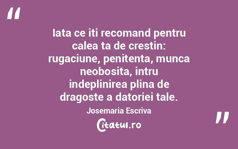  Iata ce iti recomand pentru calea ta de crestin: rugaciune, penitenta, munca neobosita, intru indeplinirea plina de dragoste a datoriei tale. Josemaria Escriva
