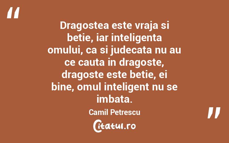 Dragostea este vraja si betie, iar inteligenta omului, ca si judecata nu au ce cauta in dragoste, dragoste este betie, ei bine, omul inteligent nu se imbata. Camil Petrescu
