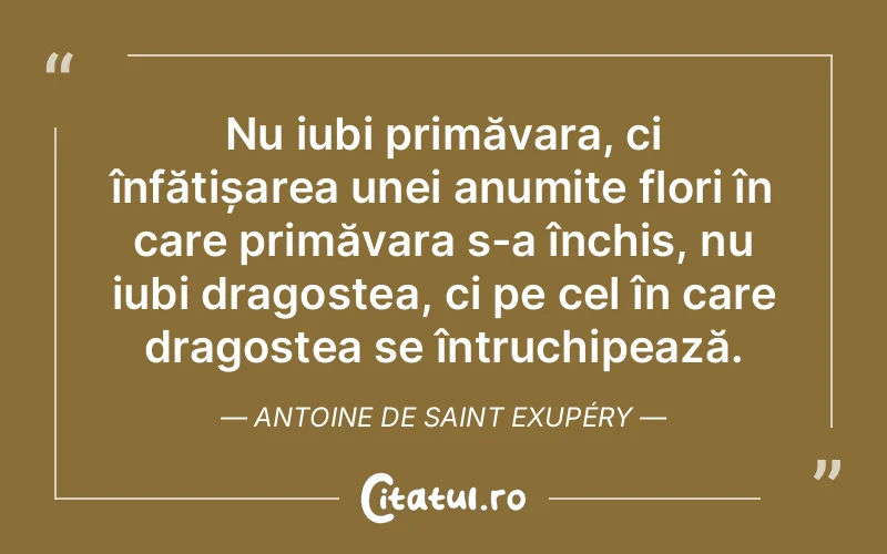 Nu iubi primăvara, ci înfățișarea unei anumite flori în care primăvara s-a închis, nu iubi dragostea, ci pe cel în care dragostea se întruchipează. Antoine de Saint Exupéry