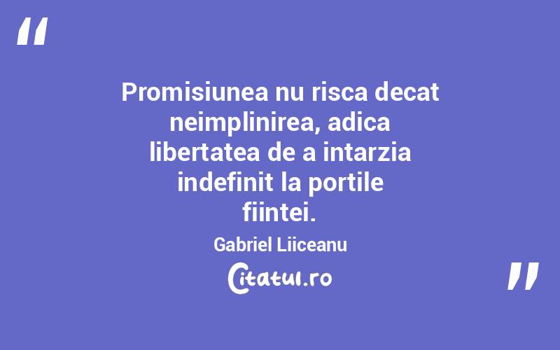Promisiunea nu risca decat neimplinirea, adica libertatea de a intarzia indefinit la portile fiintei. Gabriel Liiceanu
