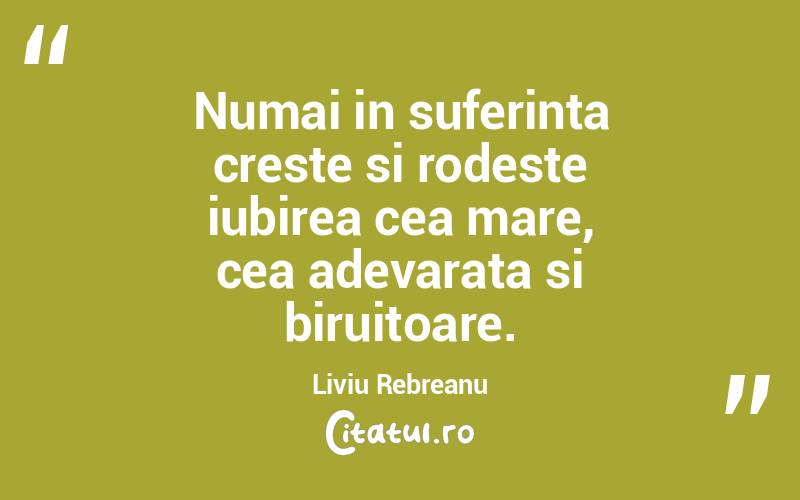Numai in suferinta creste si rodeste iubirea cea mare, cea adevarata si biruitoare. Liviu Rebreanu
