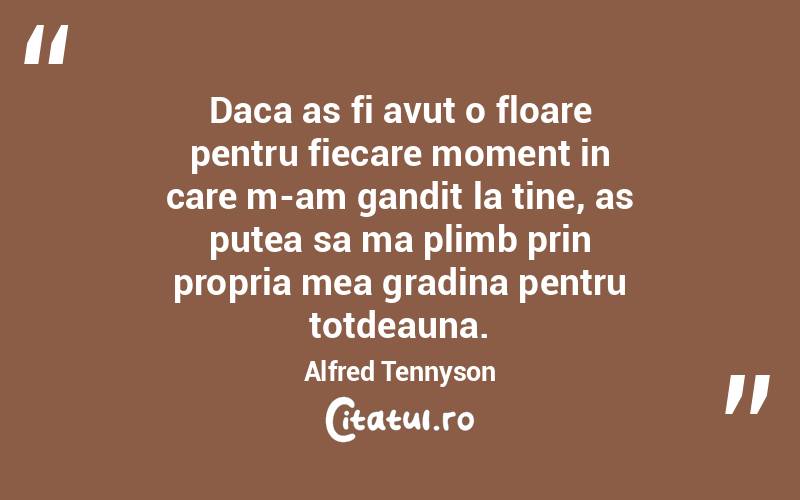 Daca as fi avut o floare pentru fiecare moment in care m-am gandit la tine, as putea sa ma plimb prin propria mea gradina pentru totdeauna. Alfred Tennyson
