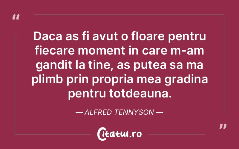 Daca as fi avut o floare pentru fiecare moment in care m-am gandit la tine, as putea sa ma plimb prin propria mea gradina pentru totdeauna. Alfred Tennyson