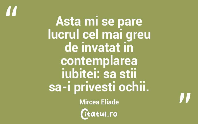 Asta mi se pare lucrul cel mai greu de invatat in contemplarea iubitei: sa stii sa-i privesti ochii. Mircea Eliade
