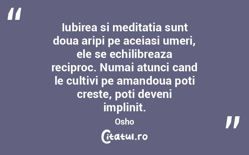 Iubirea si meditatia sunt doua aripi pe aceiasi umeri, ele se echilibreaza reciproc. Numai atunci cand le cultivi pe amandoua poti creste, poti deveni implinit. Osho
