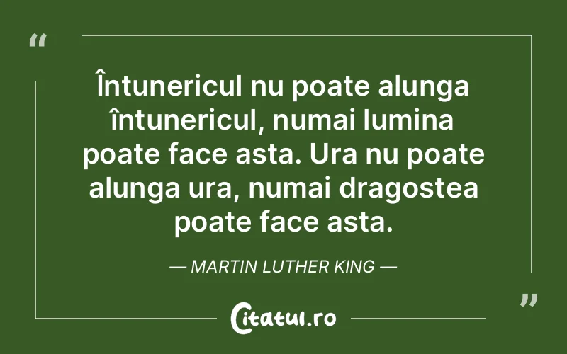 Întunericul nu poate alunga întunericul, numai lumina poate face asta. Ura nu poate alunga ura, numai dragostea poate face asta. Martin Luther King