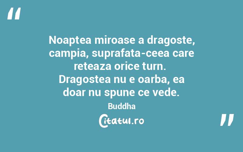 Noaptea miroase a dragoste, campia, suprafata-ceea care reteaza orice turn.  Dragostea nu e oarba, ea doar nu spune ce vede. Buddha
