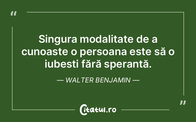 Singura modalitate de a cunoaște o persoana este să o iubești fără speranță. Walter Benjamin