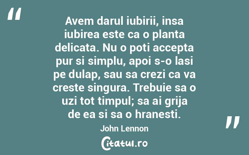 Avem darul iubirii, insa iubirea este ca o planta delicata. Nu o poti accepta pur si simplu, apoi s-o lasi pe dulap, sau sa crezi ca va creste singura. Trebuie sa o uzi tot timpul; sa ai grija de ea si sa o hranesti. John Lennon
