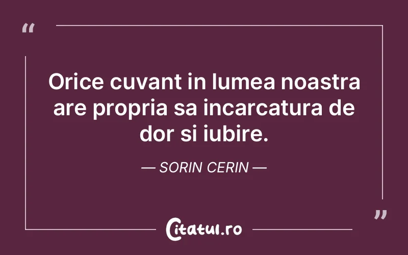 Orice cuvant in lumea noastra are propria sa incarcatura de dor si iubire. Sorin Cerin