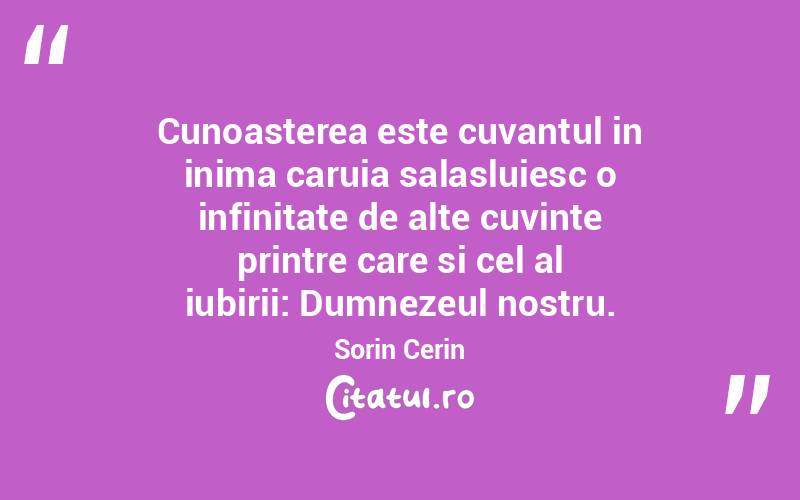 Cunoasterea este cuvantul in inima caruia salasluiesc o infinitate de alte cuvinte printre care si cel al iubirii: Dumnezeul nostru. Sorin Cerin
