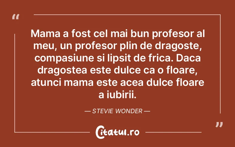 Mama a fost cel mai bun profesor al meu, un profesor plin de dragoste, compasiune si lipsit de frica. Daca dragostea este dulce ca o floare, atunci mama este acea dulce floare a iubirii. Stevie Wonder