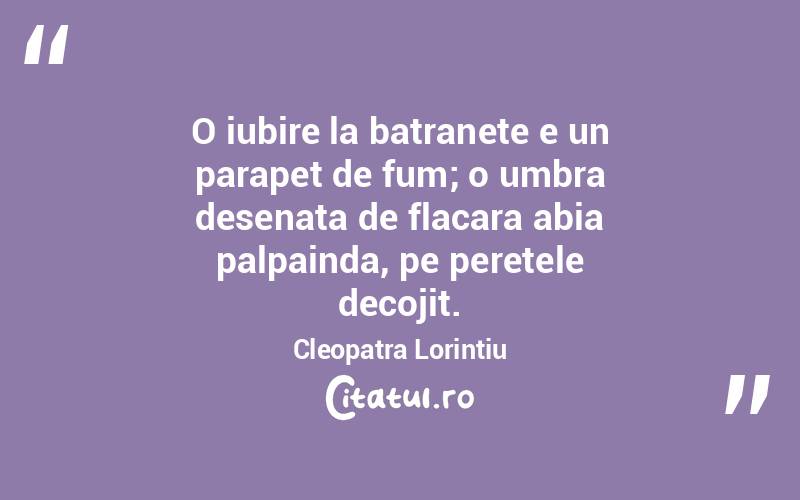  O iubire la batranete e un parapet de fum; o umbra desenata de flacara abia palpainda, pe peretele decojit. Cleopatra Lorintiu
