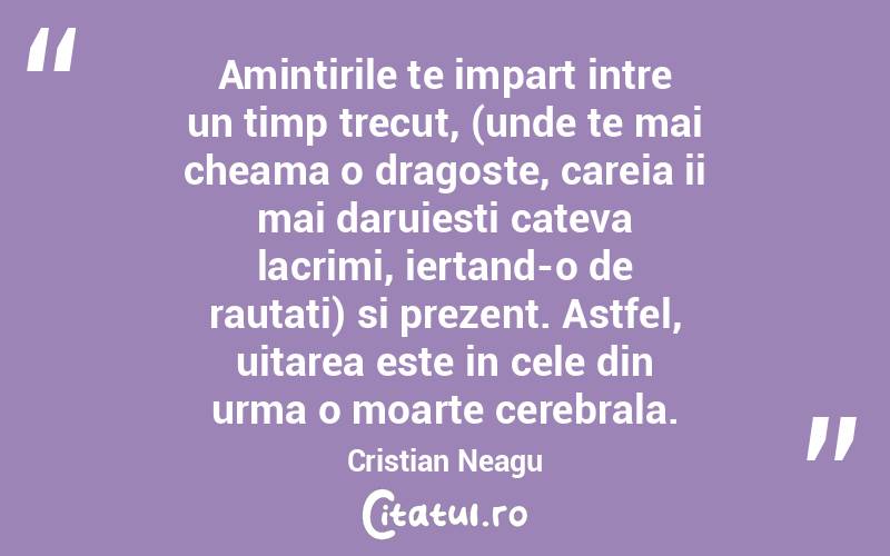  Amintirile te impart intre un timp trecut, (unde te mai cheama o dragoste, careia ii mai daruiesti cateva lacrimi, iertand-o de rautati) si prezent. Astfel, uitarea este in cele din urma o moarte cerebrala. Cristian Neagu
