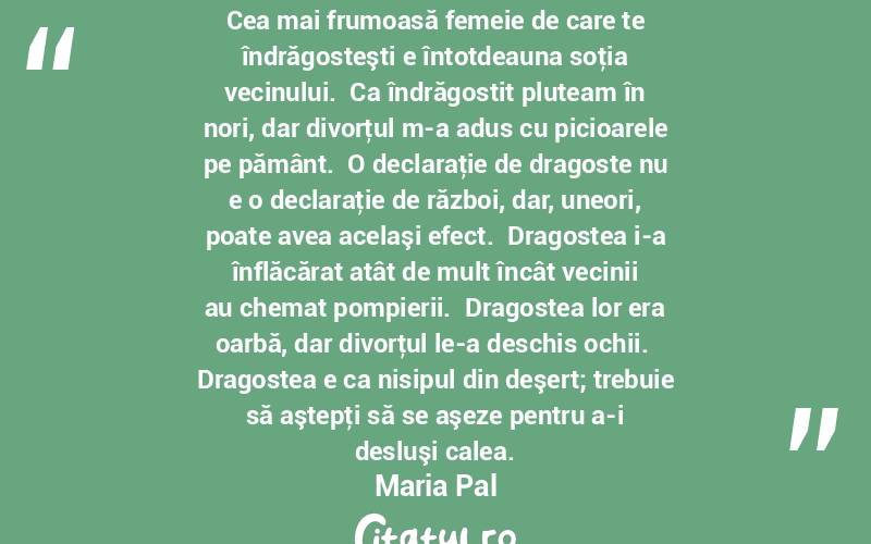Cea mai frumoasă femeie de care te îndrăgosteşti e întotdeauna soţia vecinului.  Ca îndrăgostit pluteam în nori, dar divorţul m-a adus cu picioarele pe pământ.  O declaraţie de dragoste nu e o declaraţie de război, dar, uneori, poate avea acelaşi efect.  Dragostea i-a înflăcărat atât de mult încât vecinii au chemat pompierii.  Dragostea lor era oarbă, dar divorţul le-a deschis ochii.  Dragostea e ca nisipul din deşert; trebuie să aştepţi să se aşeze pentru a-i desluşi calea. Maria Pal
