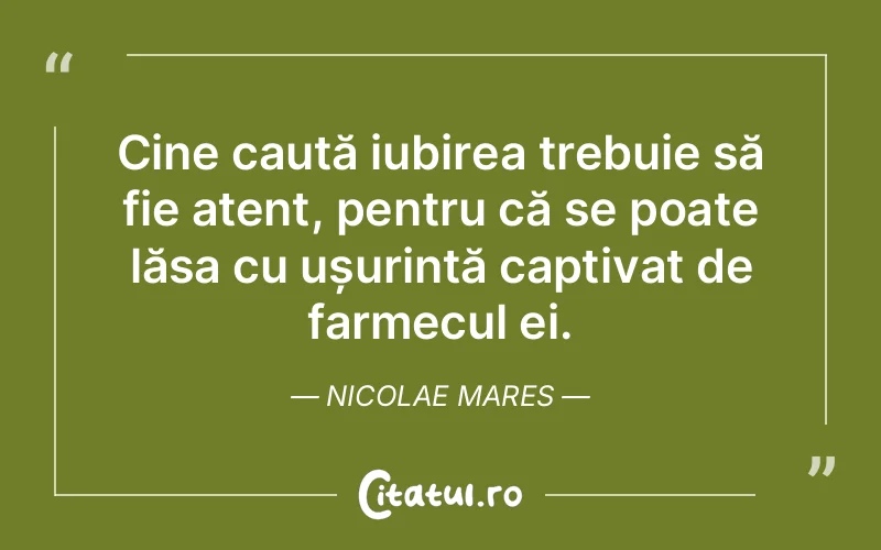 Cine caută iubirea trebuie să fie atent, pentru că se poate lăsa cu ușurință captivat de farmecul ei. Nicolae Mares