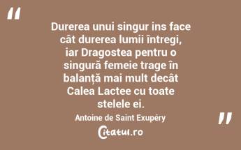 Durerea unui singur ins face cât durerea lumii întregi, iar Dragostea pentru o singură femeie trage în balanţă mai mult decât Calea Lactee cu toate stelele ei. Antoine de Saint Exupéry...