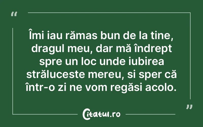 Îmi iau rămas bun de la tine, dragul meu, dar mă îndrept spre un loc unde iubirea strălucește mereu, și sper că într-o zi ne vom regăsi acolo.