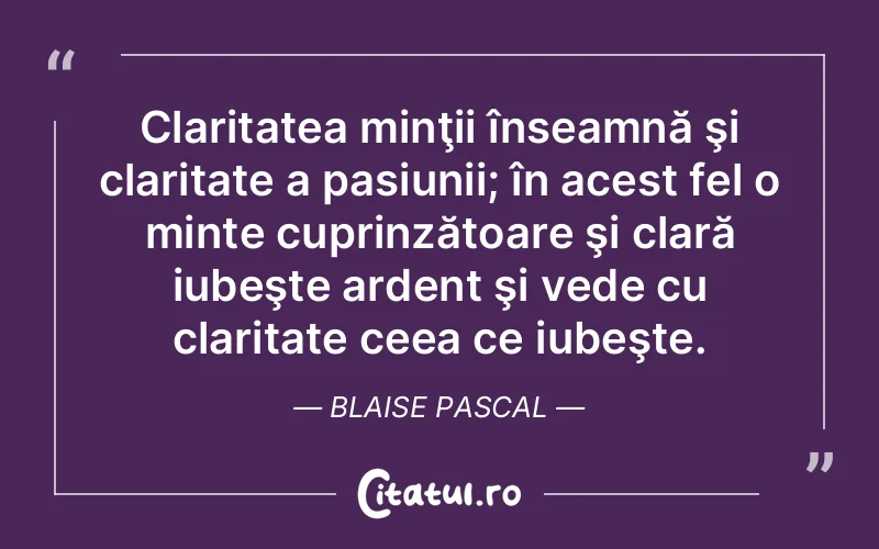 Claritatea minţii înseamnă şi claritate a pasiunii; în acest fel o minte cuprinzătoare şi clară iubeşte ardent şi vede cu claritate ceea ce iubeşte. Blaise Pascal