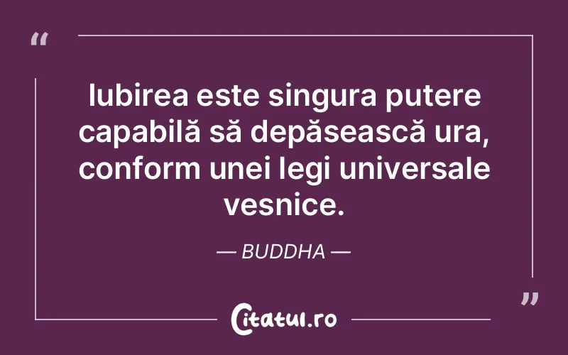 Iubirea este singura putere capabilă să depășească ura, conform unei legi universale veșnice. Buddha
