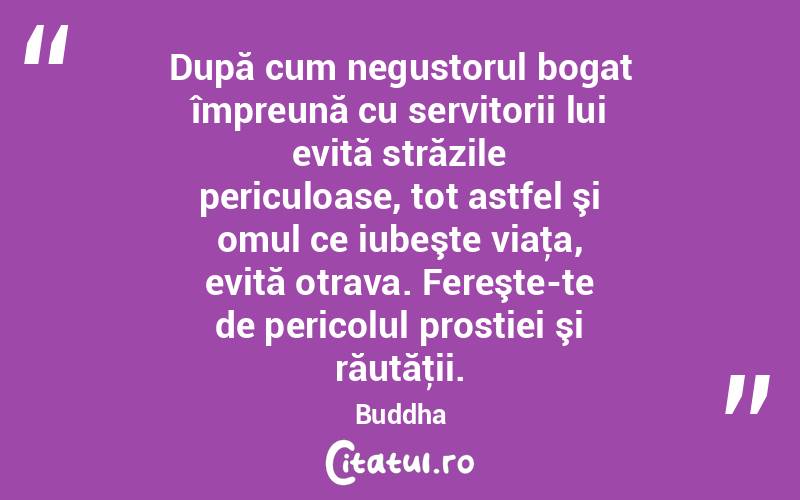După cum negustorul bogat împreună cu servitorii lui evită străzile periculoase, tot astfel şi omul ce iubeşte viaţa, evită otrava. Fereşte-te de pericolul prostiei şi răutăţii. Buddha
