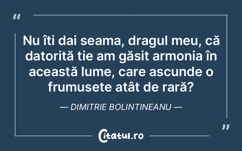 Nu îți dai seama, dragul meu, că datorită ție am găsit armonia în această lume, care ascunde o frumusețe atât de rară? Dimitrie Bolintineanu