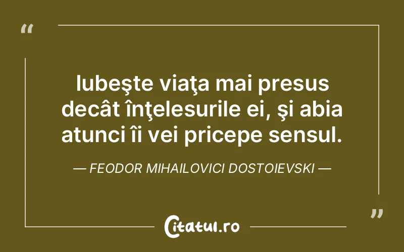 Iubeşte viaţa mai presus decât înţelesurile ei, şi abia atunci îi vei pricepe sensul. Feodor Mihailovici Dostoievski