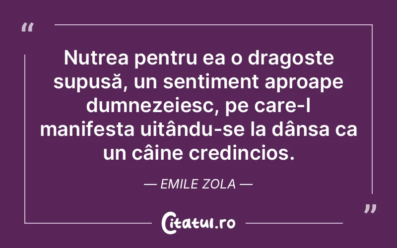 Nutrea pentru ea o dragoste supusă, un sentiment aproape dumnezeiesc, pe care-l manifesta uitându-se la dânsa ca un câine credincios. Emile Zola