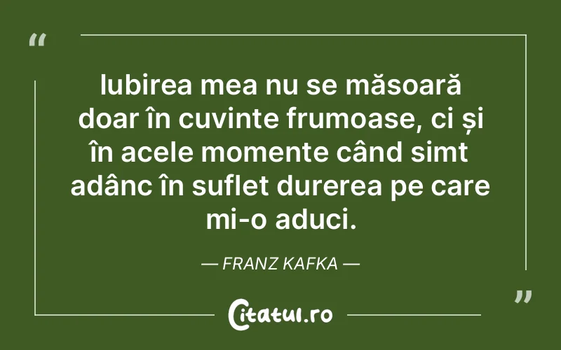 Iubirea mea nu se măsoară doar în cuvinte frumoase, ci și în acele momente când simt adânc în suflet durerea pe care mi-o aduci. Franz Kafka