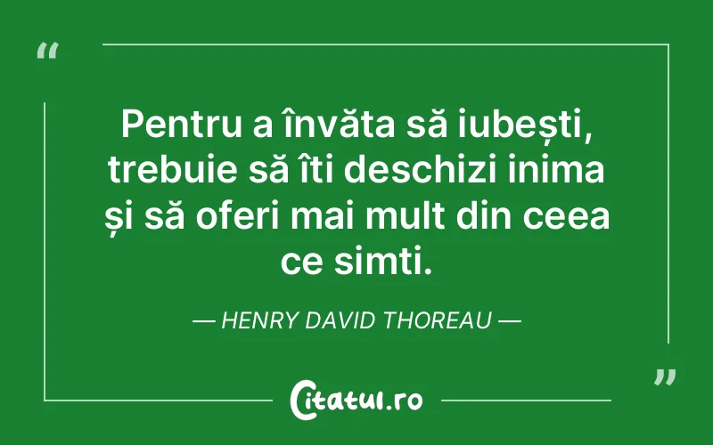 Pentru a învăța să iubești, trebuie să îți deschizi inima și să oferi mai mult din ceea ce simți. Henry David Thoreau