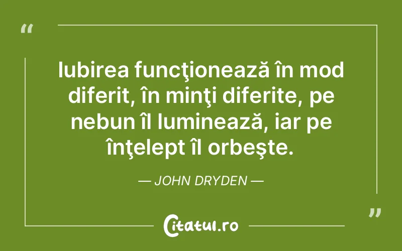 Iubirea funcţionează în mod diferit, în minţi diferite, pe nebun îl luminează, iar pe înţelept îl orbeşte. John Dryden