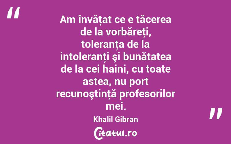 Am învăţat ce e tăcerea de la vorbăreţi, toleranţa de la intoleranţi şi bunătatea de la cei haini, cu toate astea, nu port recunoştinţă profesorilor mei. Khalil Gibran
