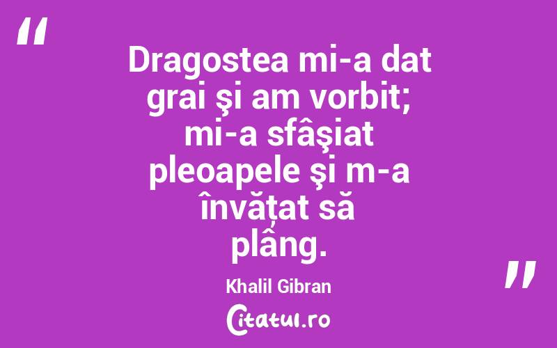 Dragostea mi-a dat grai şi am vorbit; mi-a sfâşiat pleoapele şi m-a învăţat să plâng. Khalil Gibran
