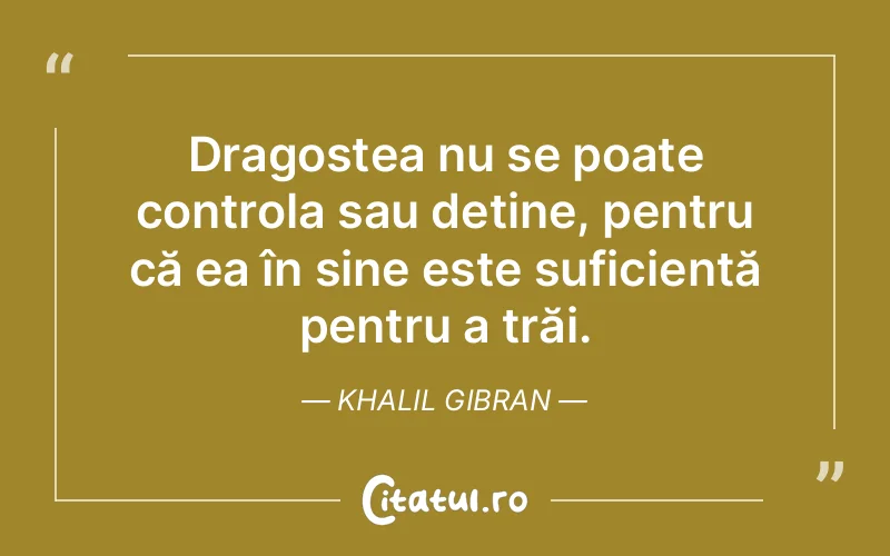 Dragostea nu se poate controla sau deține, pentru că ea în sine este suficientă pentru a trăi. Khalil Gibran