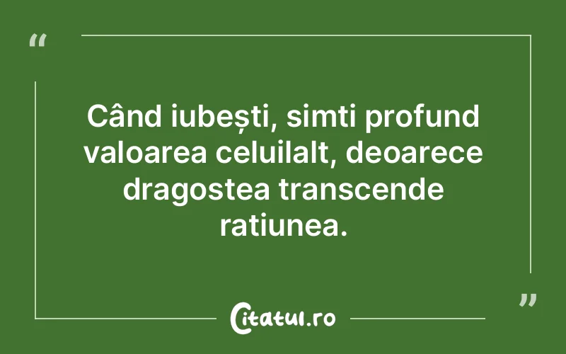 Când iubești, simți profund valoarea celuilalt, deoarece dragostea transcende rațiunea.