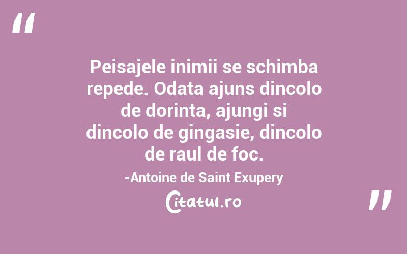 Peisajele inimii se schimba repede. Odata ajuns dincolo de dorinta, ajungi si dincolo de gingasie, dincolo de raul de foc.-Antoine de Saint Exupery

