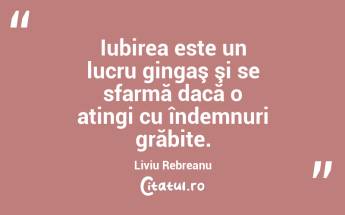 Iubirea este un lucru gingaş şi se sfarmă dacă o atingi cu îndemnuri grăbite. Liviu Rebreanu...