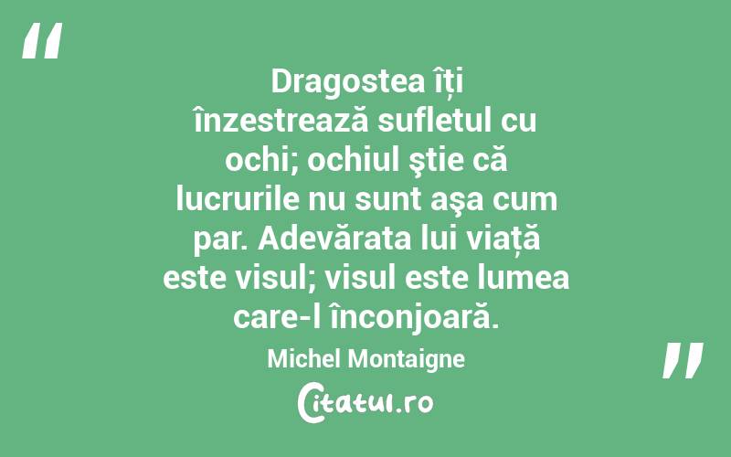 Dragostea îţi înzestrează sufletul cu ochi; ochiul ştie că lucrurile nu sunt aşa cum par. Adevărata lui viaţă este visul; visul este lumea care-l înconjoară. Michel Montaigne
